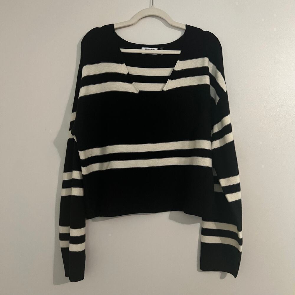 LNA Clothing Modal Blend Black &‎ White Striped V Neck Long Sleeve Sweater Sz Lg